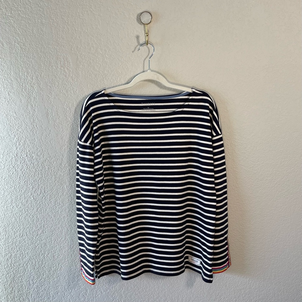 Talbots Women’s Navy & White Striped Long Sleeve Top w/ Rainbow Cuffs SzLp